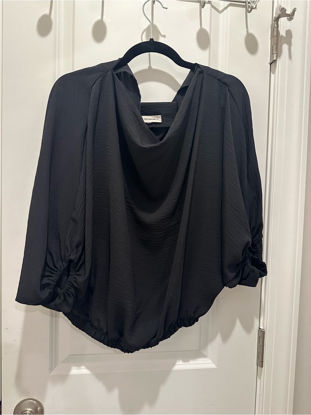 Draped Black Blouse with Cinched Sleeves